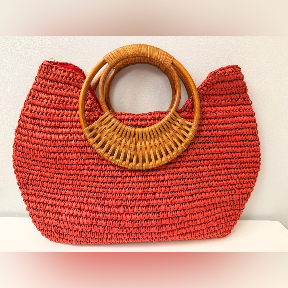 Straw Studios Woven Raffia Tote Wood Handle Boho Summer Bag - Picture 8 of 9
